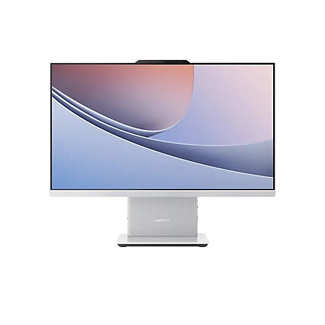 Ein weißer Lenovo All-in-One-Desktop-Computer mit integrierter Webcam und modernem Bildschirmdesign.