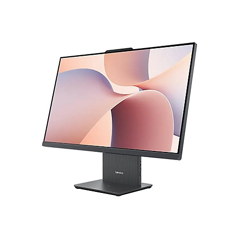 Ein grauer Lenovo All-in-One-PC mit schwarzem Bildschirm, vor weißem Hintergrund. Der Bildschirm zeigt ein abstraktes Design.