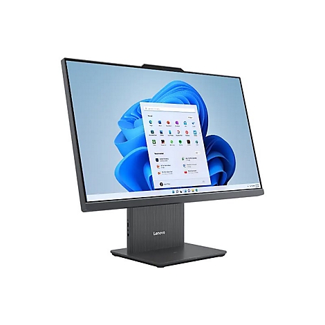 Ein grauer Lenovo All-in-One-PC vor weißem Hintergrund. Der Bildschirm zeigt die Windows 11 Oberfläche.