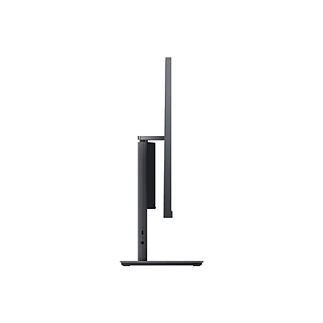 Seitenansicht eines schwarzen Monitors mit Standfuß. Der Monitor ist schlank und hat einen schmalen Rahmen.