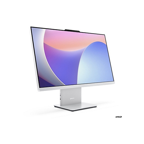 Ein Lenovo All-in-One-PC auf weißem Hintergrund. Der Bildschirm zeigt ein abstraktes, farbenfrohes Design. Am unteren Rand ist das Lenovo-Logo zu sehen, rechts daneben das AMD-Logo.