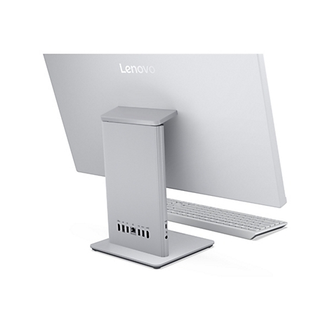 Ein grauer Lenovo All-in-One-Computer von hinten, mit Tastatur.