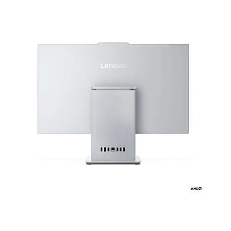 Ein grauer Lenovo All-in-One-Computer von hinten. Der Bildschirm hat das Lenovo-Logo. Unten befinden sich Anschlüsse.