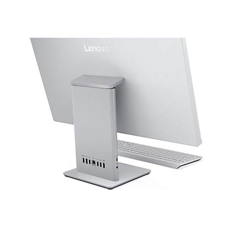 Ein silberner Lenovo-All-in-One-Computer. Rückansicht; Monitor, Standfuß und Tastatur sichtbar.