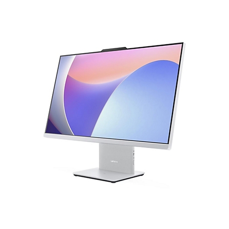 Ein weißer All-in-One-PC von Lenovo mit einem hellen Bildschirm, der auf einem weißen Hintergrund steht. Auf dem Bildschirm sind Farbverläufe von Rosa, Blau und Weiß zu sehen.