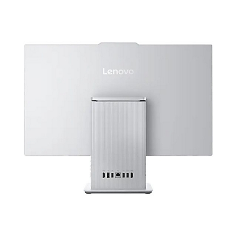 Rückseite eines weißen Lenovo-All-in-One-Computers mit silbernem Standfuß und Logo.