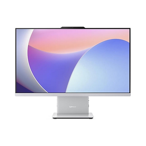 Grauer All-in-One-PC mit Bildschirm, der eine abstrakte, farbenfrohe Landschaft zeigt. Der Sockel zeigt den Namen "Lenovo".