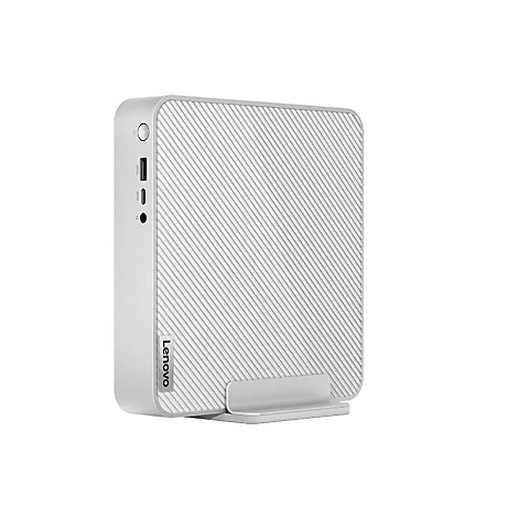 Weißer Desktop-PC von Lenovo. Das Gerät steht auf einem Metallfuß. Die Oberfläche des PCs ist mit diagonalen Linien strukturiert.