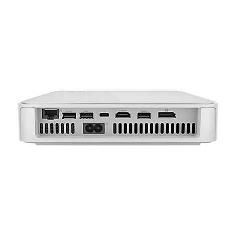 Rückseite eines weißen Mini-PCs, mit Anschlüssen und Belüftungsschlitzen. Stromanschluss, USB-, HDMI-Anschlüsse.