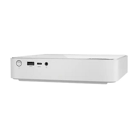 Weißer Mini-PC mit Anschlüssen wie USB, Kopfhöreranschluss und Ein-/Aus-Taste.