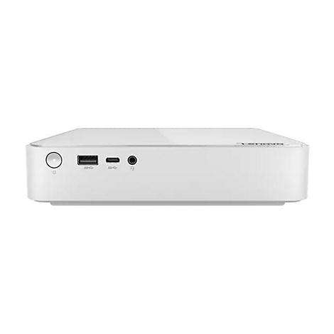 Weißer Desktop-Computer, Lenovo, Vorderansicht. Links Power-Knopf, USB-Port, USB-C-Port, Kopfhöreranschluss.