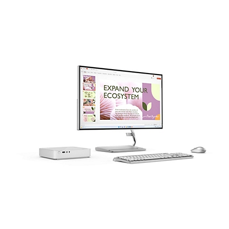 Ein weißer PC-Monitor mit Text: Expand your Ecosystem, daneben ein weißer PC, Tastatur und Maus.