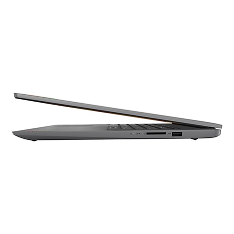 Grauer Laptop im Profil mit geöffnetem Bildschirm. Unten sind Anschlüsse, SD-Kartensteckplatz, USB-Anschluss sichtbar.