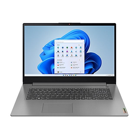 Ein Laptop mit geöffnetem Bildschirm, auf dem Windows 11 zu sehen ist. Das Lenovo Logo ist sichtbar.