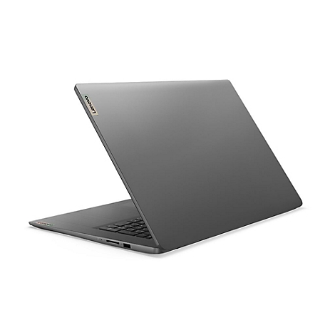 Grauer Laptop von hinten in einem Winkel vor weiÃŸem Hintergrund. Das Lenovo-Logo ist sichtbar.