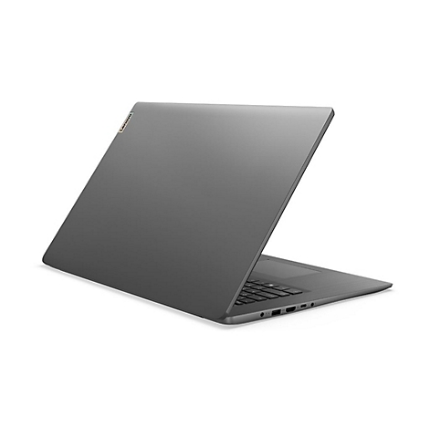 Ein grauer Laptop im Winkel, von hinten gesehen, auf weiÃŸem Hintergrund.