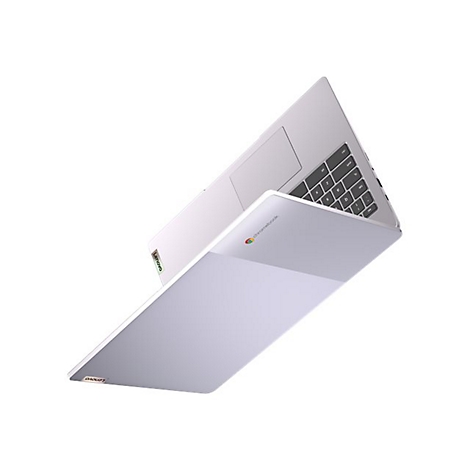 Ein silberner Lenovo Chromebook-Laptop, der schräg von oben abgebildet ist, mit geöffnetem Deckel.