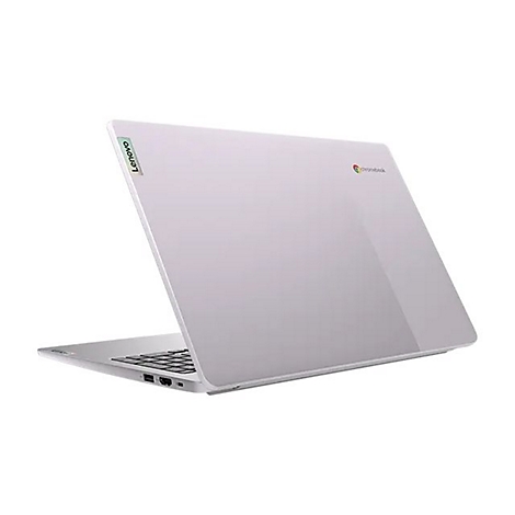 Ein graues Lenovo Chromebook. Geöffnet, Blick auf Tastatur und Bildschirm. Auf der Rückseite sind Lenovo und Chromebook Logos zu sehen.