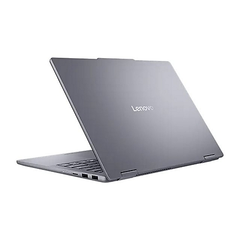 Grauer Lenovo Laptop, leicht geöffnet, Logo oben. Vor weißem Hintergrund.