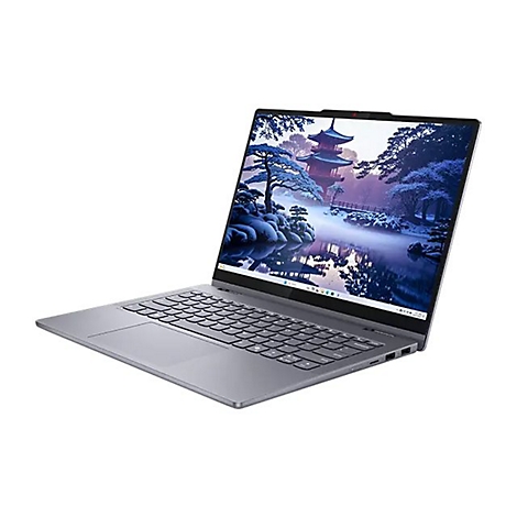 Grauer Laptop mit geöffnetem Display, das eine Winterlandschaft zeigt.