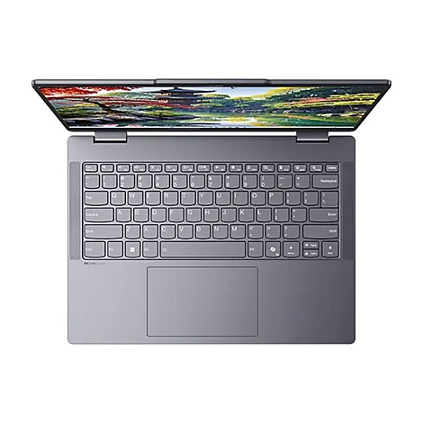 Draufsicht auf ein graues Laptop-Notebook mit geöffnetem Bildschirm. Die Tastatur und das Touchpad sind gut sichtbar.
