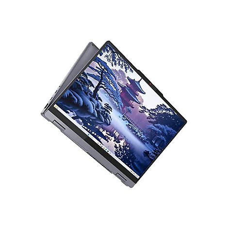 Graues Laptop-Cover, Display zeigt eine Winterlandschaft mit Tempeln. Teilweise geöffnet, isoliert vor weißem Hintergrund.