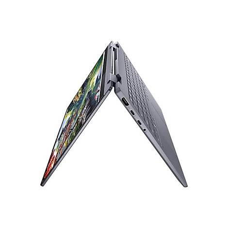 Graues Laptop-Gehäuse, leicht geöffnet, zeigt das Display mit farbenfrohem Bild. Tastatur und Anschlüsse sichtbar.