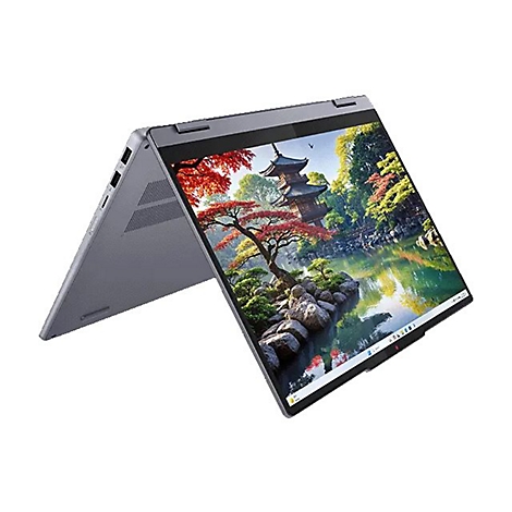Grauer Laptop in Tischstellung, Bildschirm zeigt Landschaft mit Tempel und Wasser. Geöffnet.