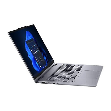Grauer Laptop, geöffnet, zeigt Windows-Oberfläche.