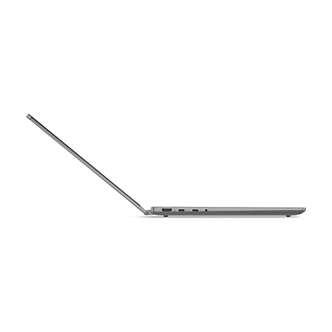 Grauer Laptop im Profil, Bildschirm geöffnet.