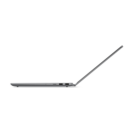 Grauer Laptop im Profil, geöffnet. Die Tastatur ist leicht erhöht.