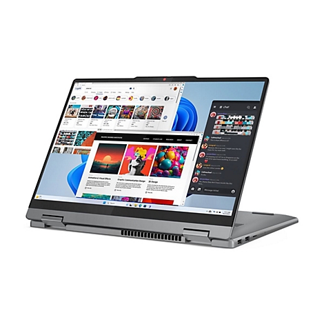 Ein grauer Laptop in einem 45-Grad-Winkel, der mehrere geöffnete Anwendungen zeigt. Auf dem Bildschirm sind Webinhalte und Chat-Fenster zu sehen.