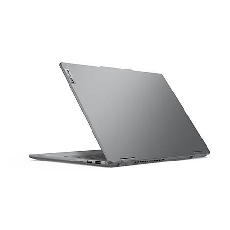 Grauer Laptop, leicht geöffnet. Auf dem Display steht Lenovo.