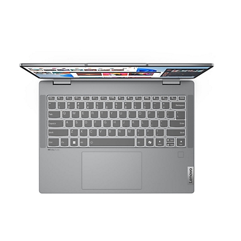 Draufsicht auf ein geöffnetes, graues Lenovo-Laptop mit beleuchteter Tastatur und geöffnetem Bildschirm.