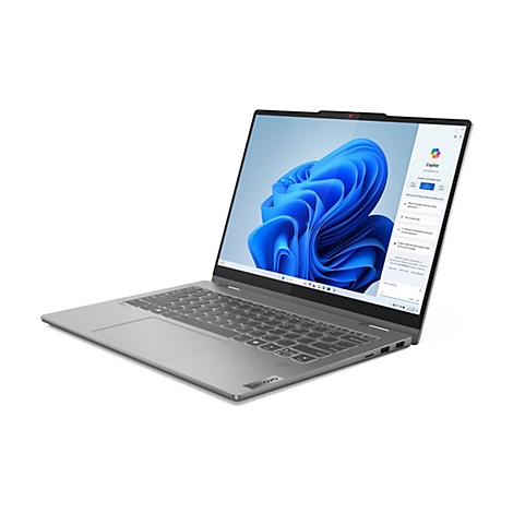Graues Lenovo-Laptop mit geöffnetem Bildschirm, der Copilot zeigt. Die Tastatur ist sichtbar, das Gerät ist auf einem weißen Hintergrund.