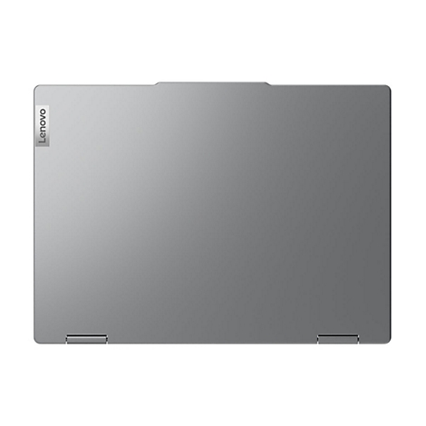 Ein silberner Laptop mit Lenovo-Logo; Ansicht von oben.