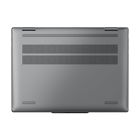 Grauer Laptop-Boden mit Lüftungsschlitzen und Gummi-Füßen.