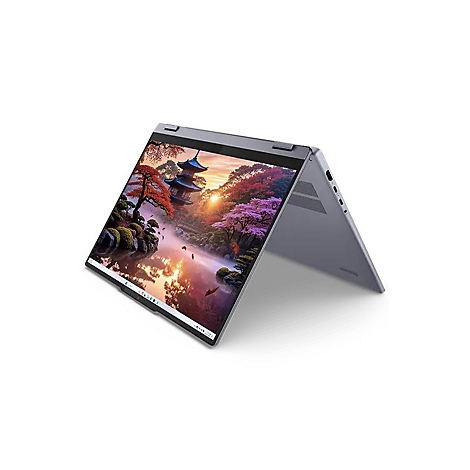 Grauer Laptop, halb geöffnet. Auf dem Bildschirm: japanische Landschaft. Im Hintergrund: weißer Hintergrund.