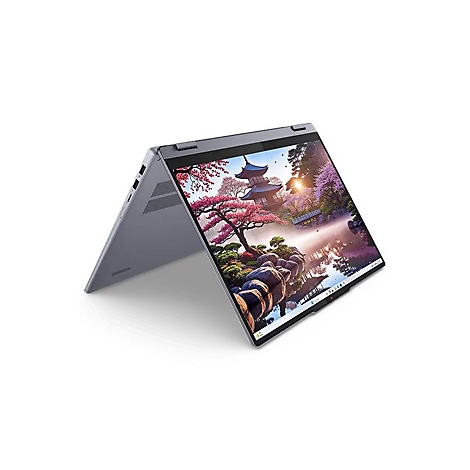 Grauer Laptop, halb geöffnet, Bildschirm zeigt eine Landschaft mit einem Pagoden-Gebäude, Bäumen und einem See.