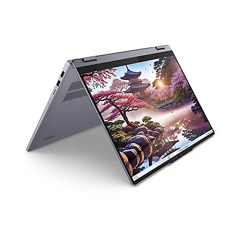 Ein graues Laptop-Convertible ist halb geöffnet. Der Bildschirm zeigt eine malerische Landschaft mit einem japanischen Tempel.