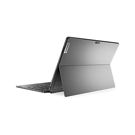 Graues Tablet mit angeschlossener Tastatur und Lenovo-Logo.