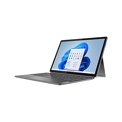 Graues Tablet mit angeschlossener Tastatur. Das Display zeigt eine Windows 11 Oberfläche.