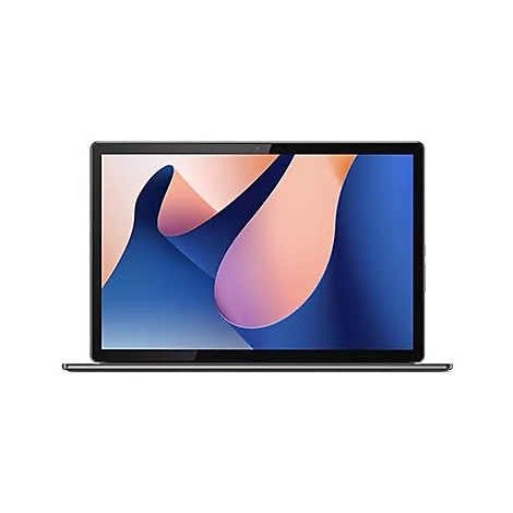 Ein Laptop mit dunklem Rahmen, der Bildschirm zeigt eine abstrakte Grafik in Blau und Rosa.