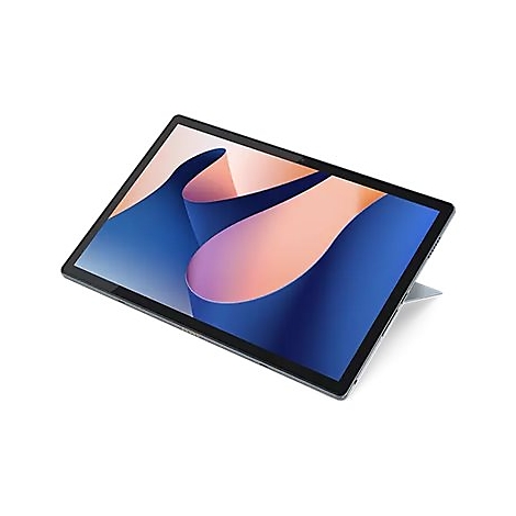 Ein Tablet auf weißem Hintergrund. Das Display zeigt eine abstrakte Grafik in Blau- und Rosatönen. Rückseite mit Ständer.