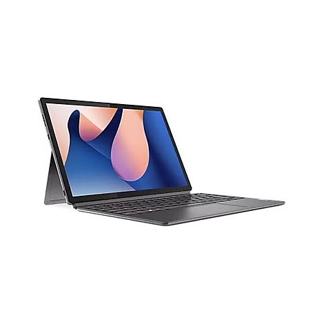 Ein graues Tablet mit Tastatur, auf weißem Hintergrund. Der Bildschirm zeigt ein abstraktes Muster aus blauen und rosafarbenen Formen.