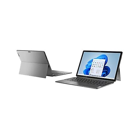 Grauer Laptop mit Tablet-Modus und angebrachtem Keyboard vor weißem Hintergrund.
