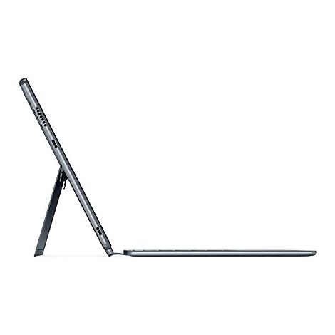 Graues Tablet im Profil mit integriertem Ständer und Tastatur. Auf weißem Hintergrund.
