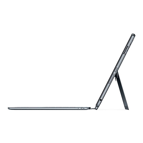 Graues Tablet im Profil, leicht angewinkelt, mit Ständer. Es zeigt Knöpfe und Anschlüsse.