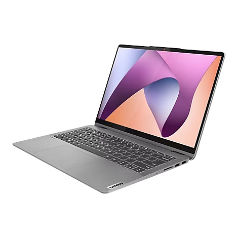 Grauer Laptop mit offenem Bildschirm, auf dem sich ein rosafarbenes, geschwungenes Design vor einem weißen Hintergrund befindet. Das Lenovo-Logo ist sichtbar.