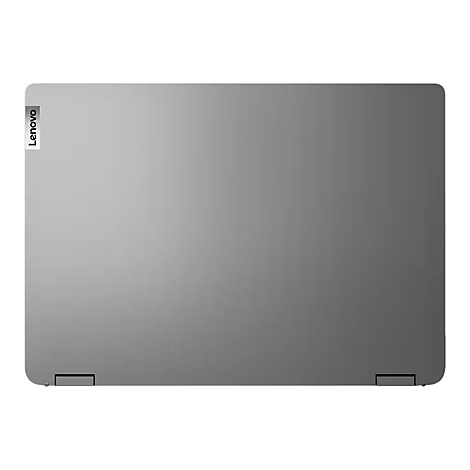Grauer Laptop, oben gesehen. Lenovo-Logo oben links. Scharniere unten.